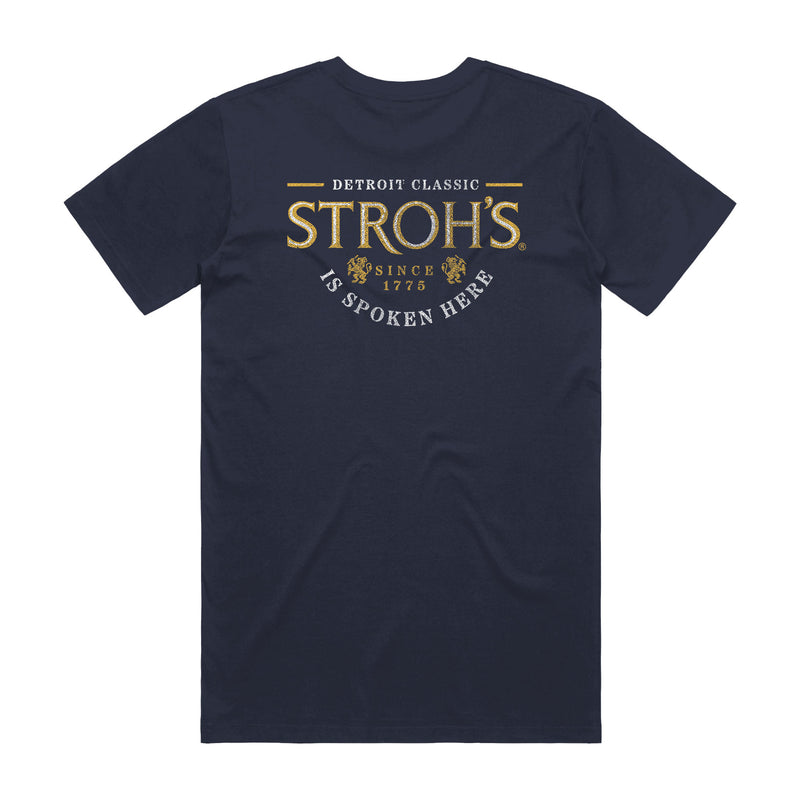 back of navy t-shirt Detroit Classic Stroh's Since 1775 Is Spoken Here