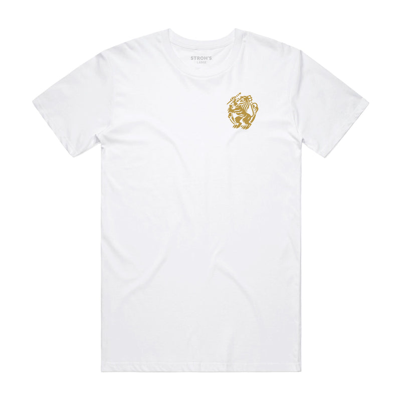front of white t-shirt with Gold lion on left chest