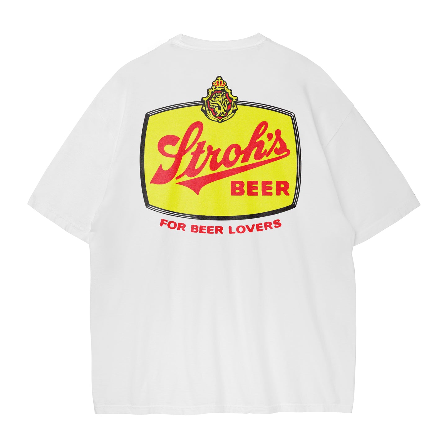 White t-shirt with Stroh's Beer logo on a white background