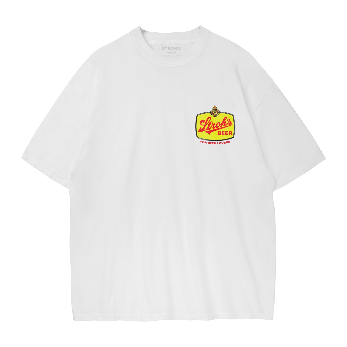 White t-shirt with a logo on the chest against a white background
