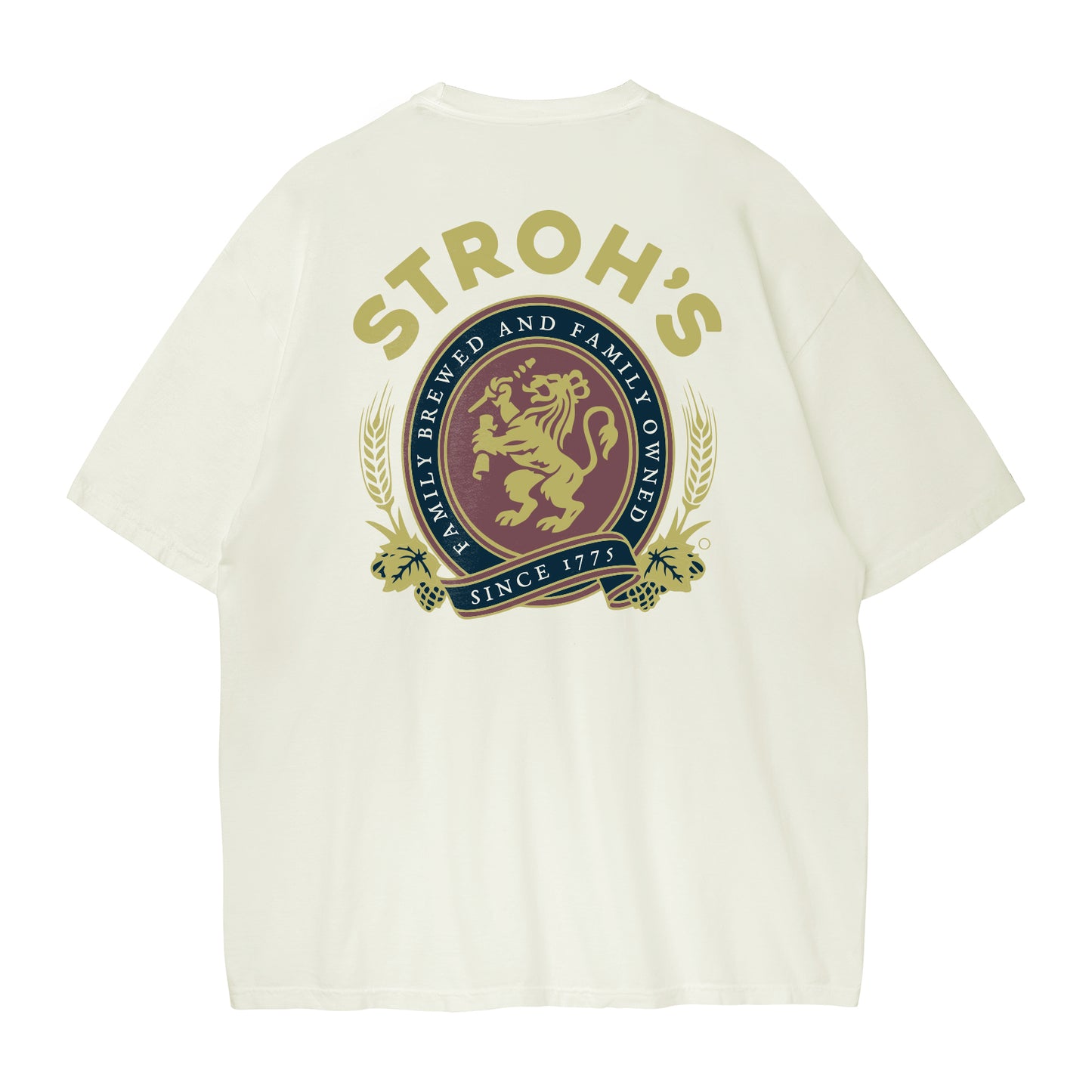 White t-shirt with Stroh's beer logo on a white background