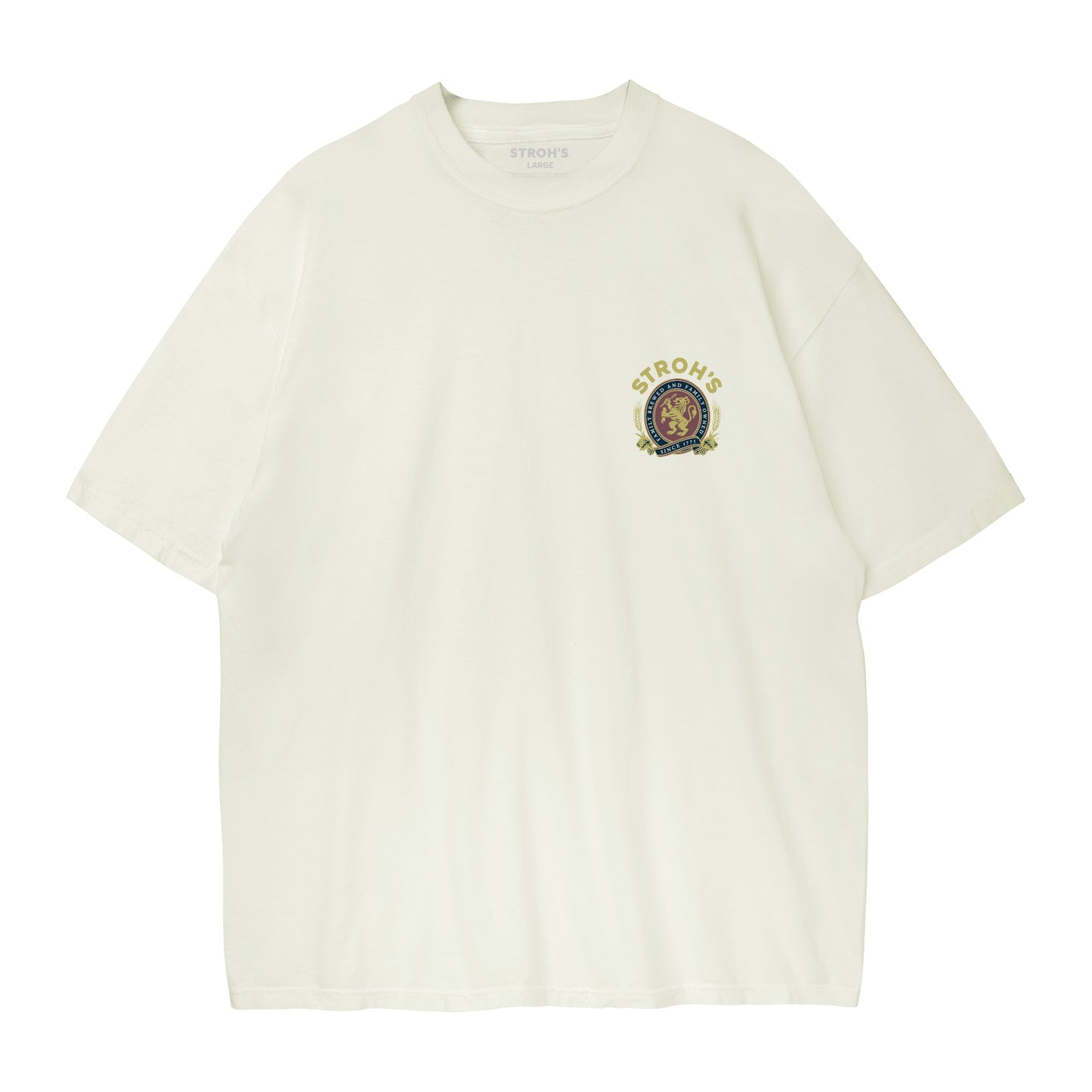 White t-shirt with a logo on the chest against a white background