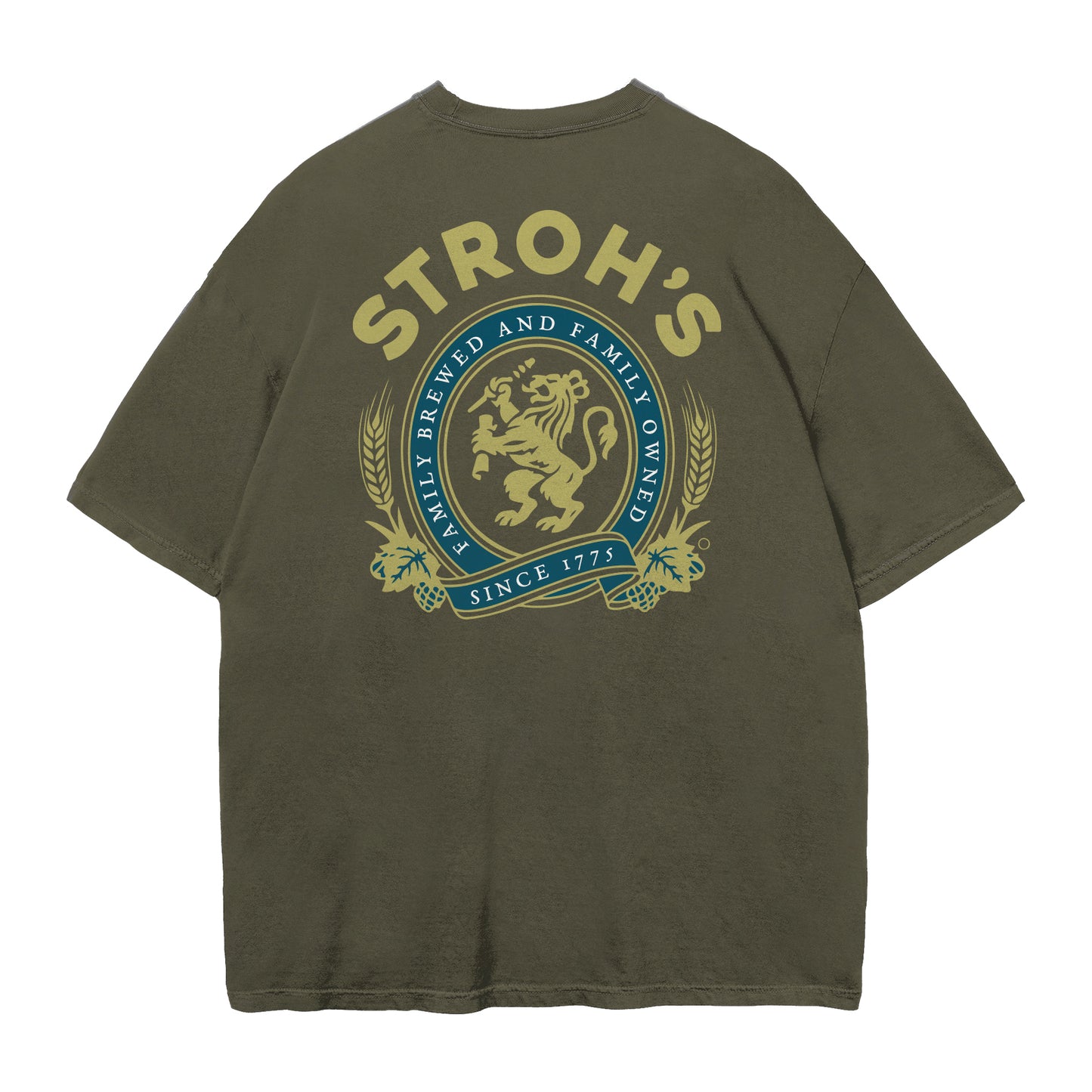 Green t-shirt with Stroh's beer logo on a white background