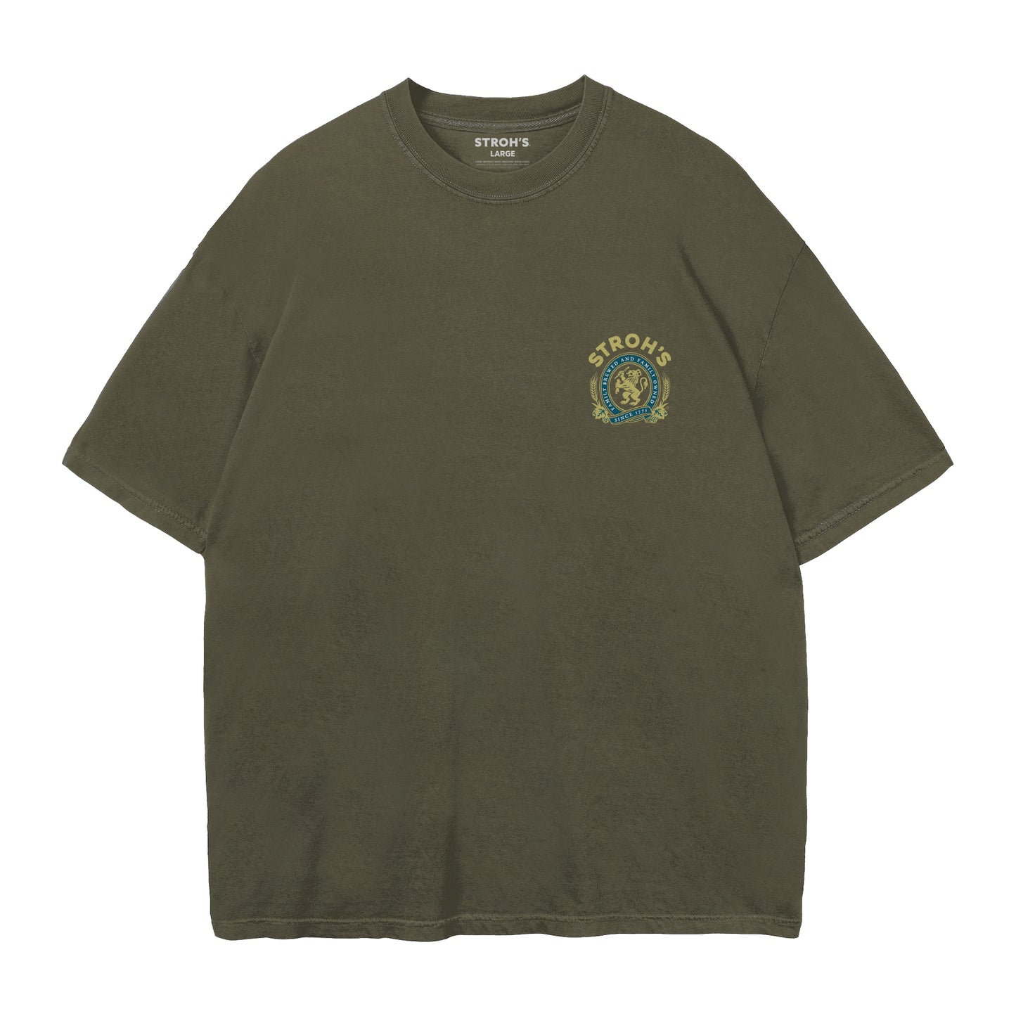 Green t-shirt with a logo on the chest against a white background