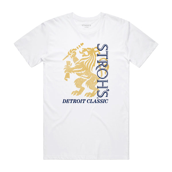 front of white t-shirt with Lion Stroh's Detroit Classic