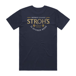 back of navy t-shirt Detroit Classic Stroh's Since 1775 Is Spoken Here