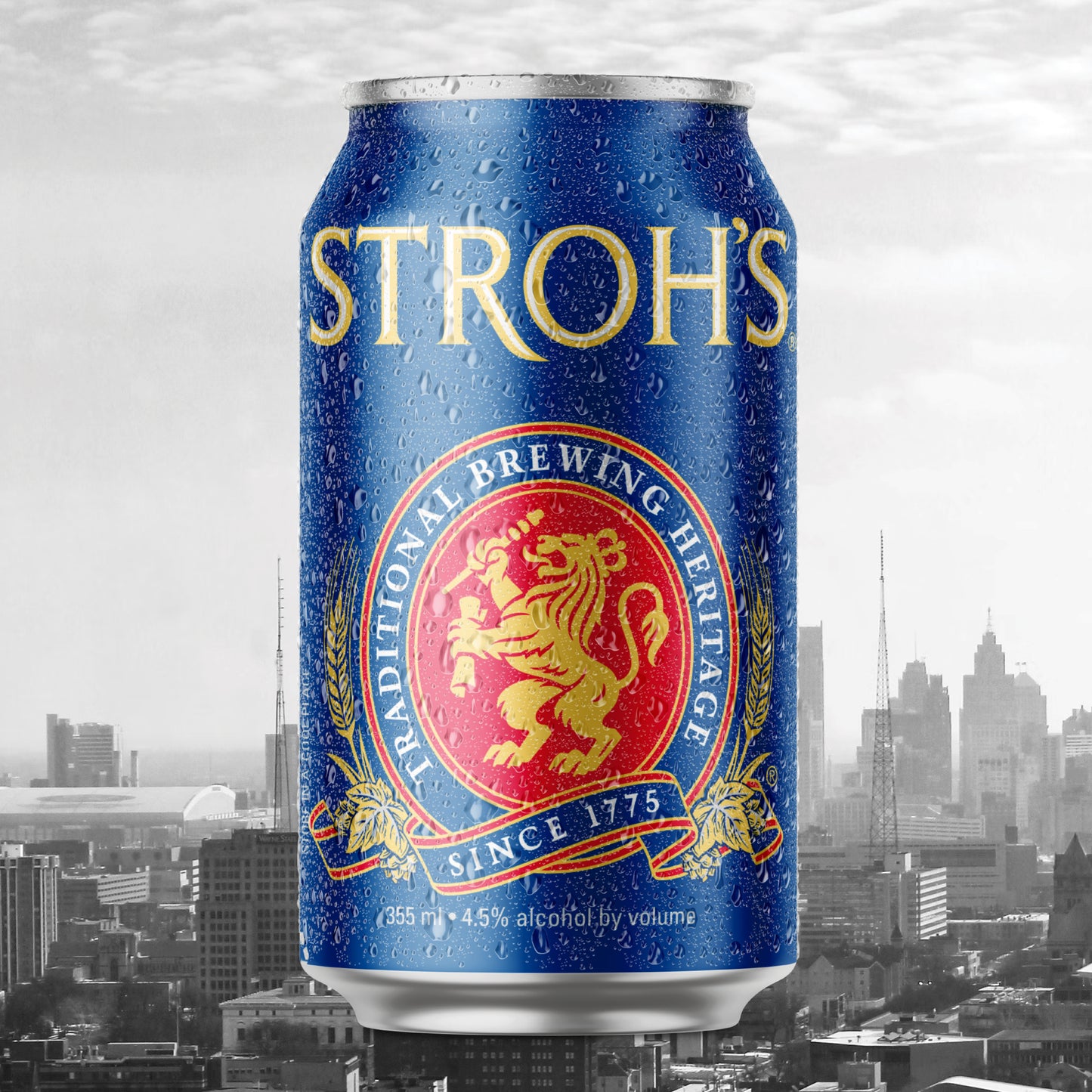 Stroh's beer can with a cityscape in the background