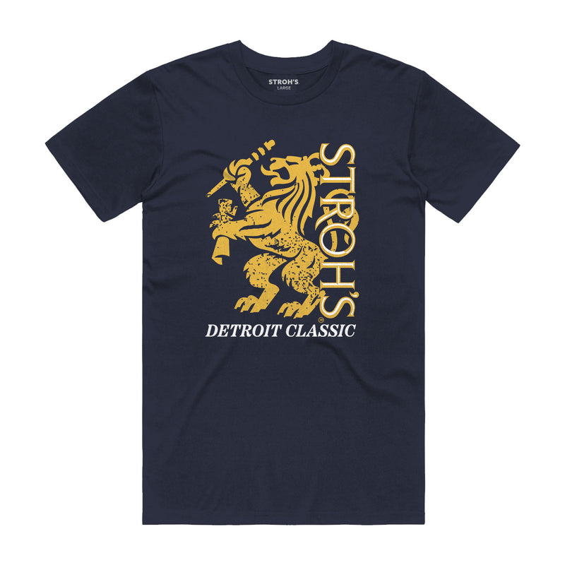 front of navy t-shirt with Lion Stroh's Detroit Classic