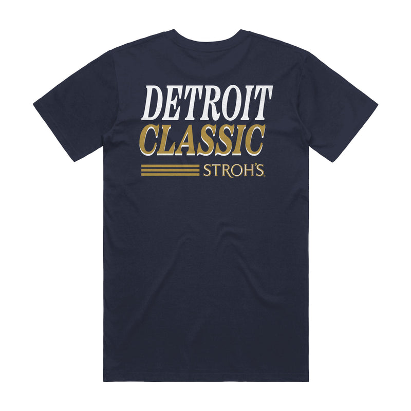 back of navy t-shirt with Detroit Classic Stroh's