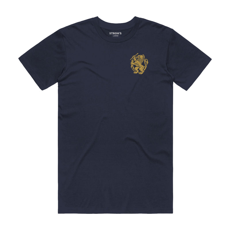 front of navy t-shirt with gold lion on left chest