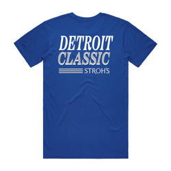 back of royal t-shirt with Detroit Classic Stroh's