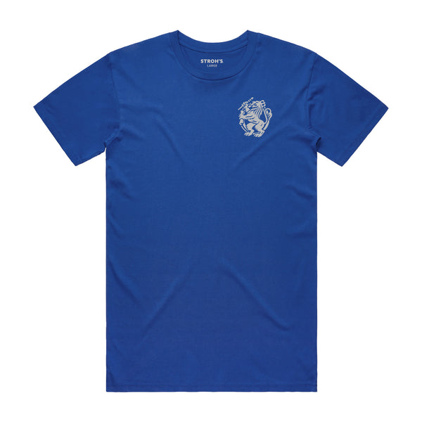 front of royal t-shirt with Grey lion on left chest