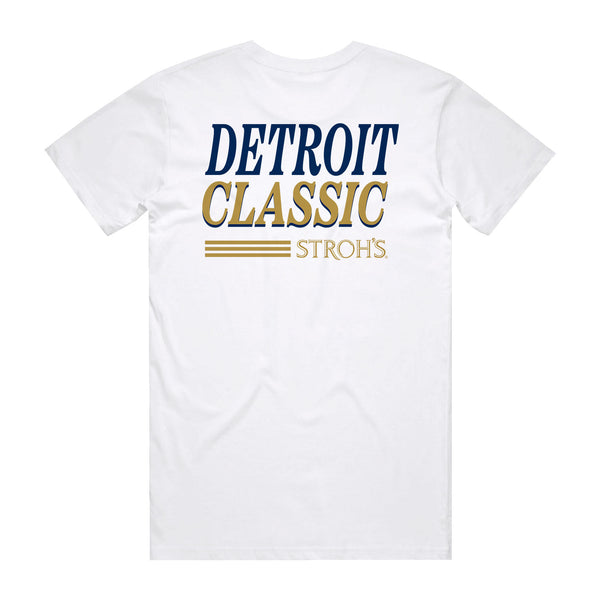 back of white t-shirt with Detroit Classic Stroh's