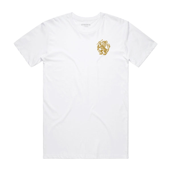 front of white t-shirt with Gold lion on left chest