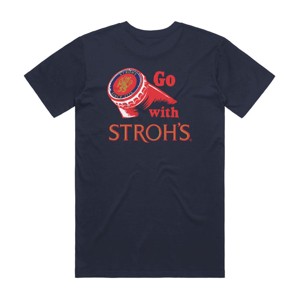 back of navy t-shirt with Go With Stroh's