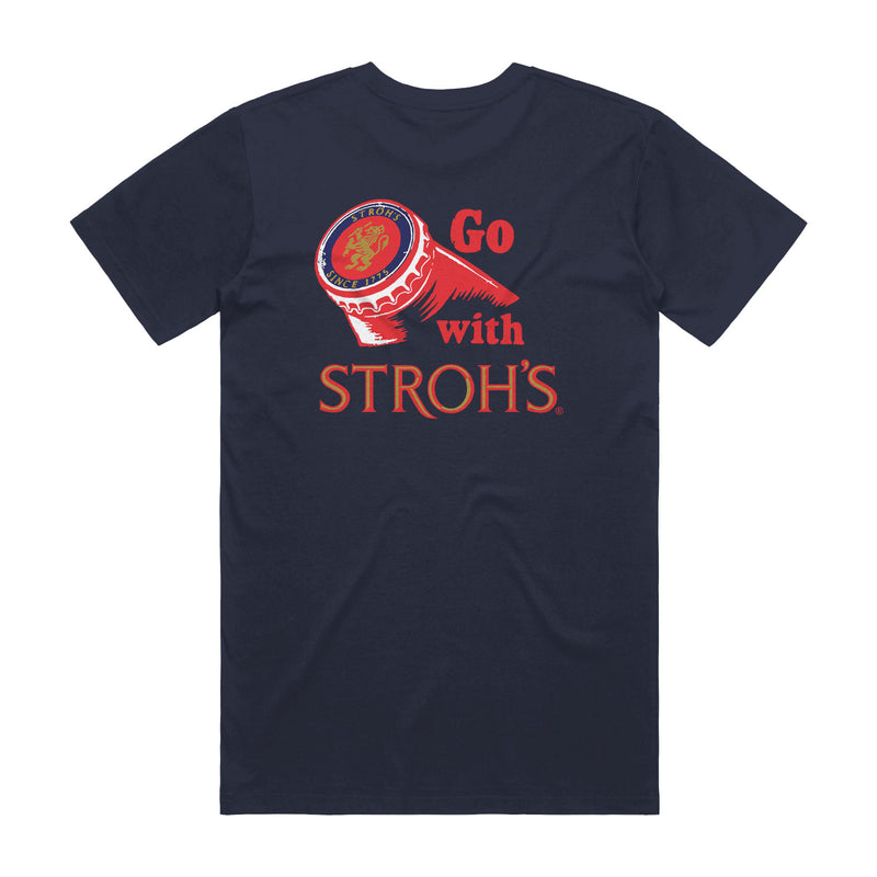 back of navy t-shirt with Go With Stroh's