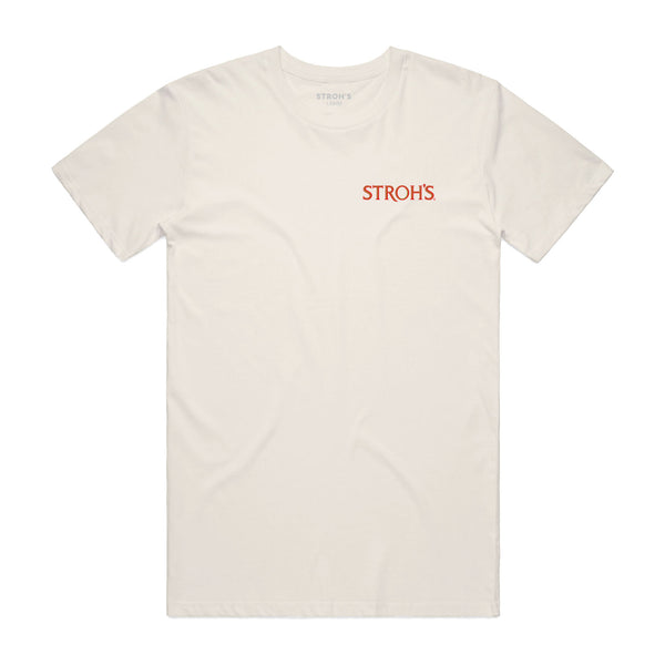 front of vintage white t-shirt with Stroh's on left chest