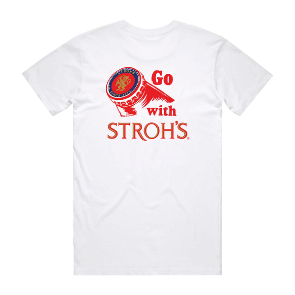 back of white t-shirt with Go With Stroh's
