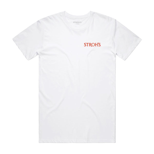 front of white t-shirt with Stroh's on left chest