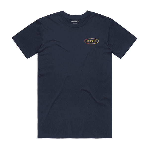 front of navy t-shirt with Stroh's in a circle on left chest