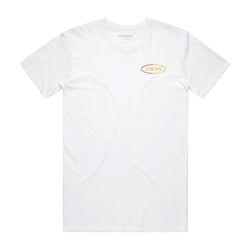 front of white t-shirt with Stroh's in a circle on left chest