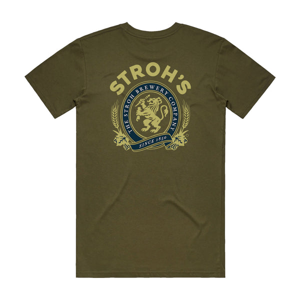 back of olive t-shirt with Stroh's seal