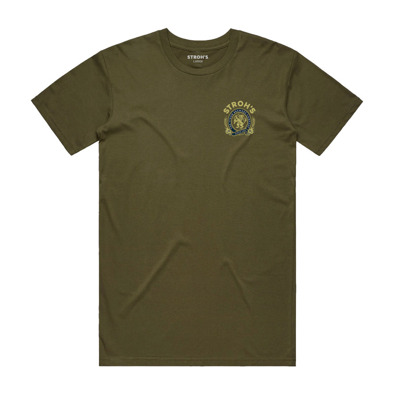 front of olive t-shirt with Stroh's seal on left chest