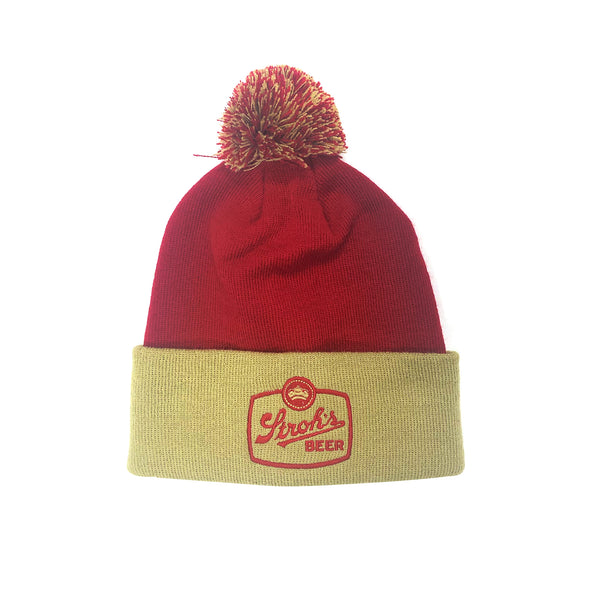 red and tan STROH'S POM BEANIE