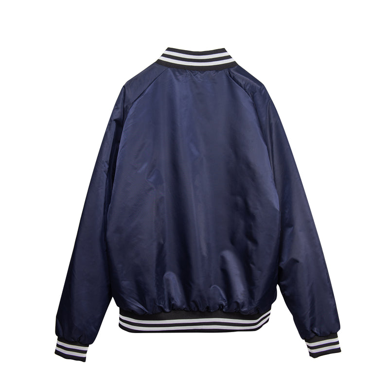 plain back of Dark blue Stroh's Varsity Jacket