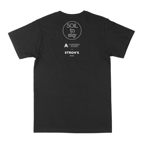 back of black STROH'S x ASSEMBLE SOUND TEE